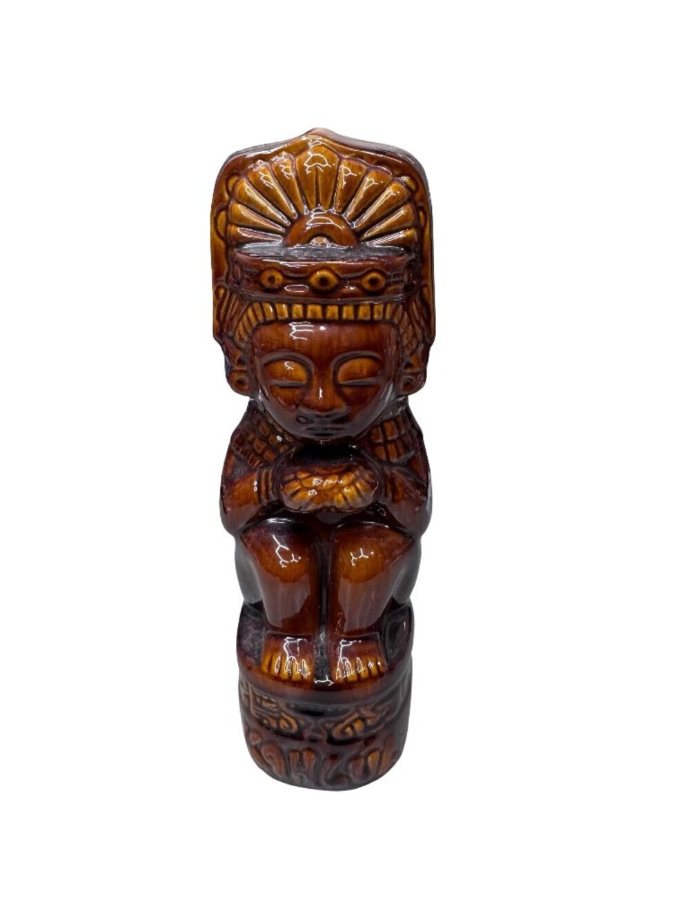 Vintage Kahlua Brown Ceramic Decanter Tiki Aztec Hawaiian Empty 12" Bottle